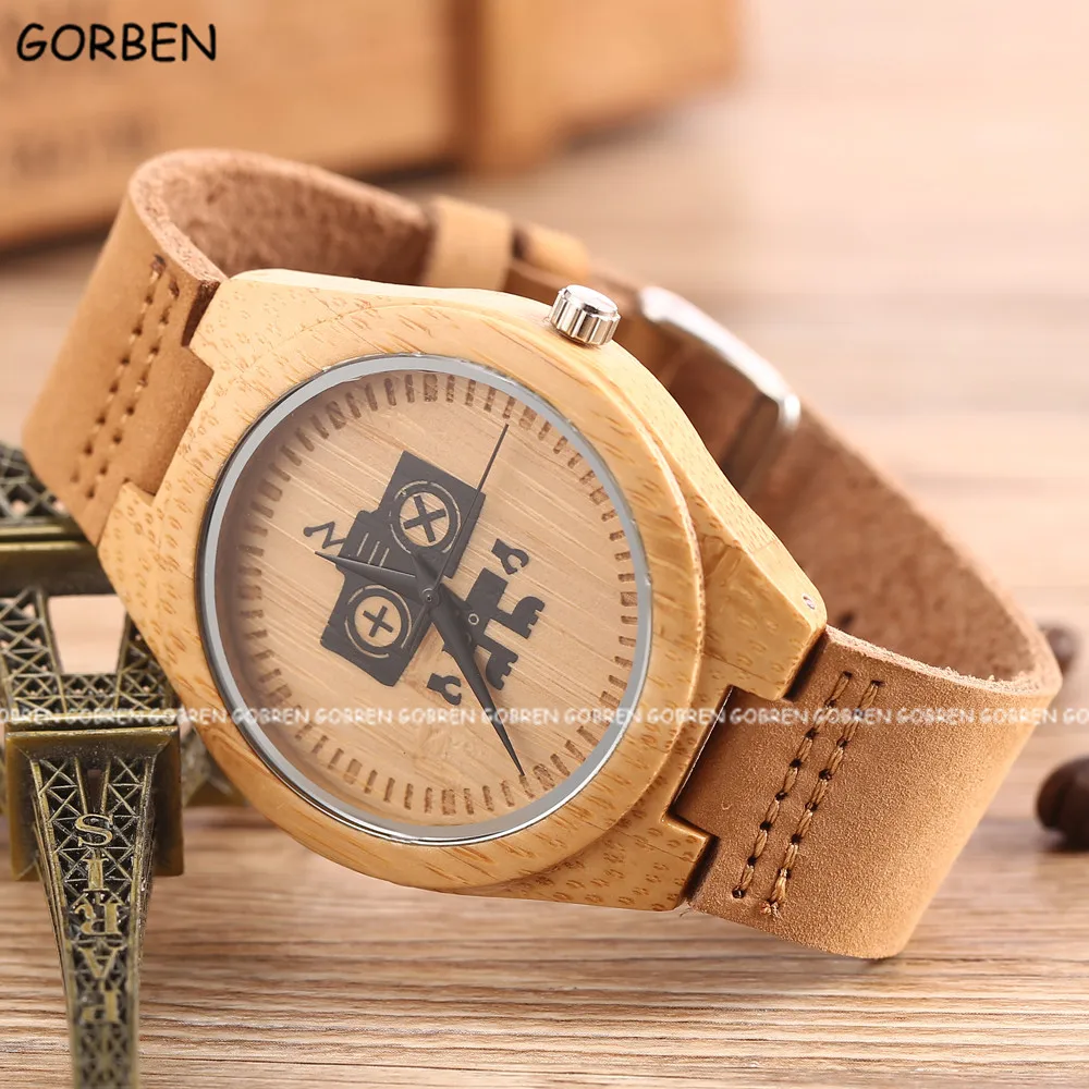 

Fashion Wood Watch Robot Design Dial Cowhide Leather Band Women Mens Causal Natural Wooden Bamboo Quartz Wrist Watches Xmas Gift