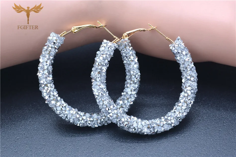 Blue Crystal Round Earrings for Women 48mm Big Hoop Earrings Gold Silver Color Cuff Hoops Woman Earrings Circles Jewelry