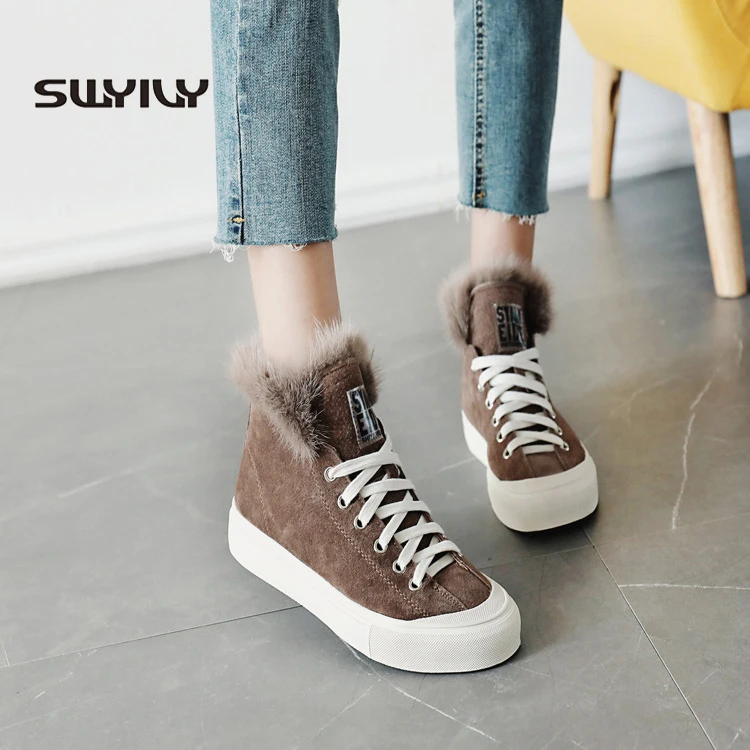 

SWYIVY Woman Winter Leisure Sneakers 2018 New Genuine Leather Plush Velvet Female Cotton Shoes Warm Mink Womens Winter Sneakers