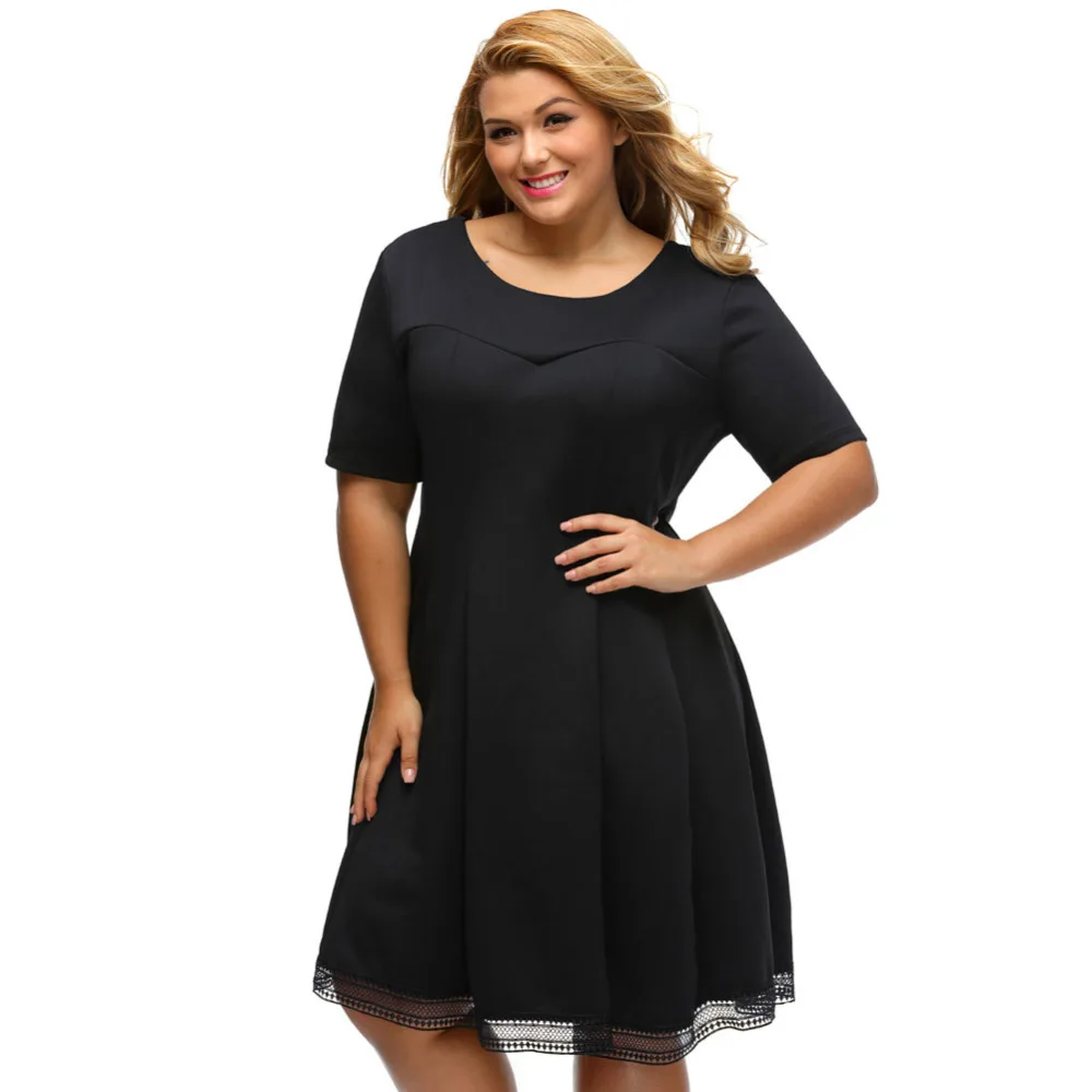 2017 Fashion Women Dress XL to 3XL Solid Burgundy Lace Hemline Curvy Skater Dress Tunics Robes Vestido Casual LC61432