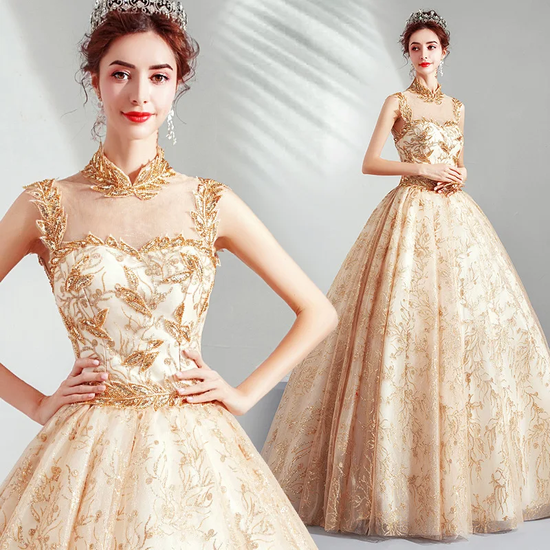 Роскошные свадебные платья с бисером, блестящее Золотое свадебное с блестками, бальное платье с высоким воротом, свадебное платье, Robe De Soiree