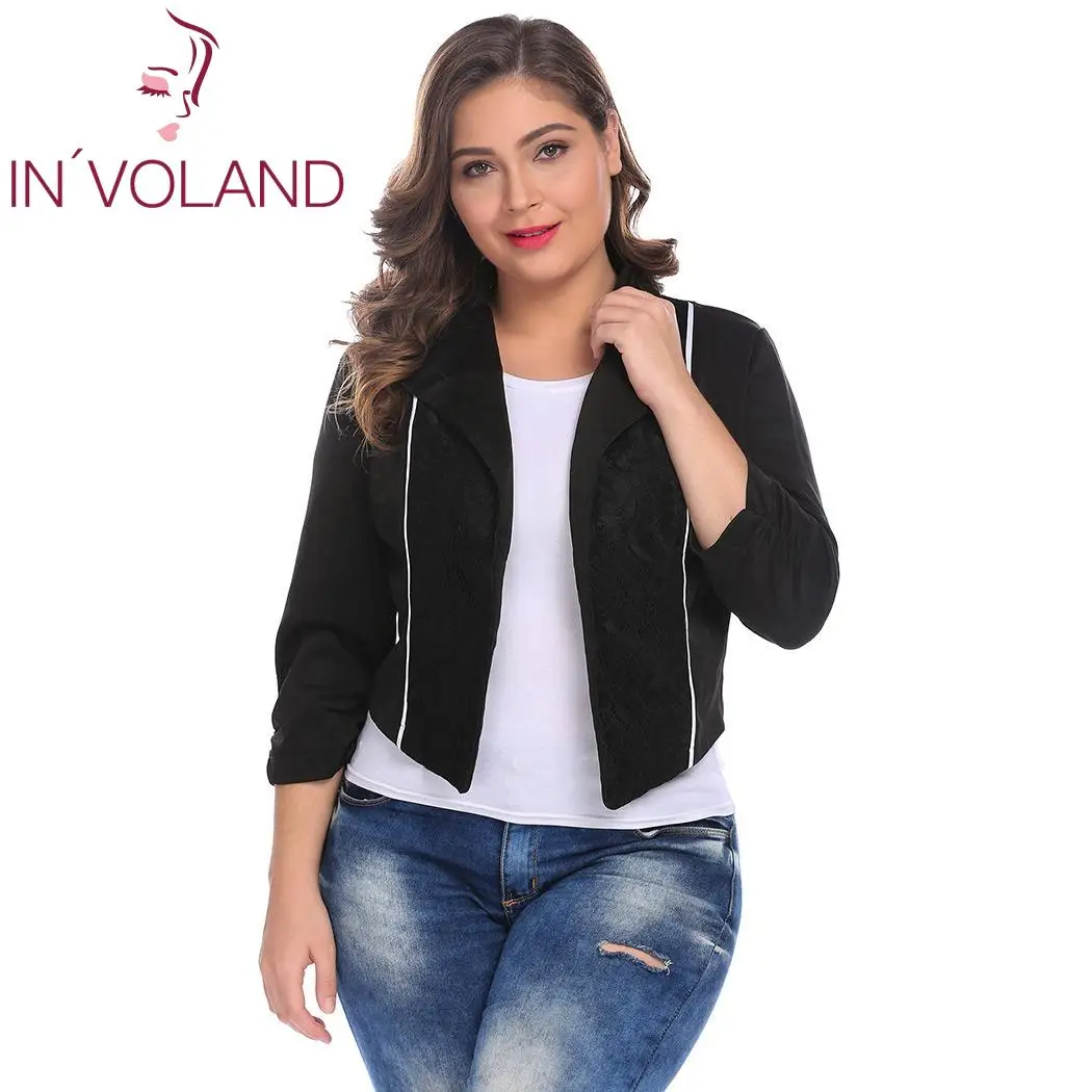 

IN'VOLADN Plus Size M-3XL Women Blazer Coat Spring Autumn Lapel Open Front Lace Patchwork Slim Short Large Jacket Tops Big Size
