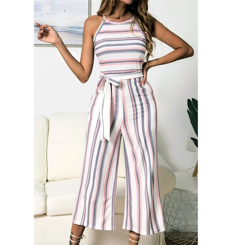 New Fashion Women Summer Sexy Sleeveless Multicolour Striped Jumpsuit Clubwear Wide Leg Pants Outfit Long Pants Jumpsuit #4A18 (18)