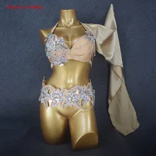 Производительность танец живота бюстгальтер и пояс 2 шт. Девушки танцуют одежда костюм ручной работы стразы камни набор M,L