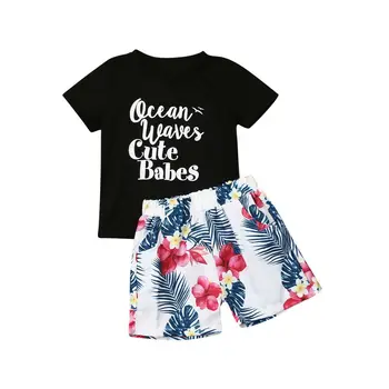 

Toddler Kid Clothes Infant Baby Boy Letter Black T-shirt Tops+Floral Shorts Outfit Summer Clothes Newborn Baby Sunsuit Playsuit