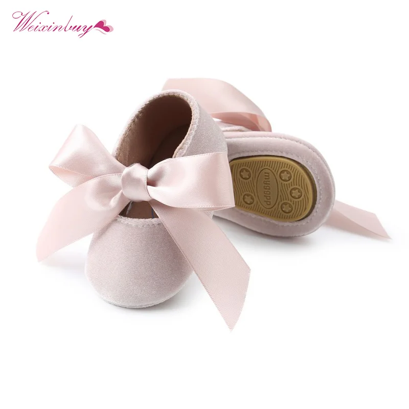 

WEIXINBUY Baby Girl Shoes Riband Bow Lace Up PU Leather Princess Baby Shoes First Walkers Newborn Moccasins