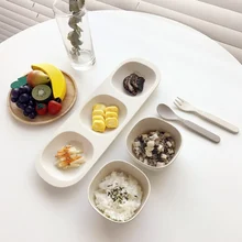 Фотография new 6pcs/set Baby Feeding Set with Bowl Plate Forks Spoon Cup Dinnerware Set Bamboo Fiber Children