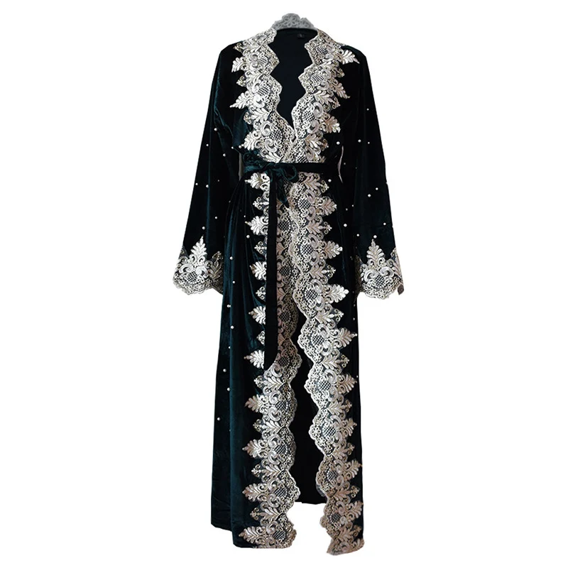 2018 UAE Abaya Dubai Kaftan Velvet Lace Floral Pearls