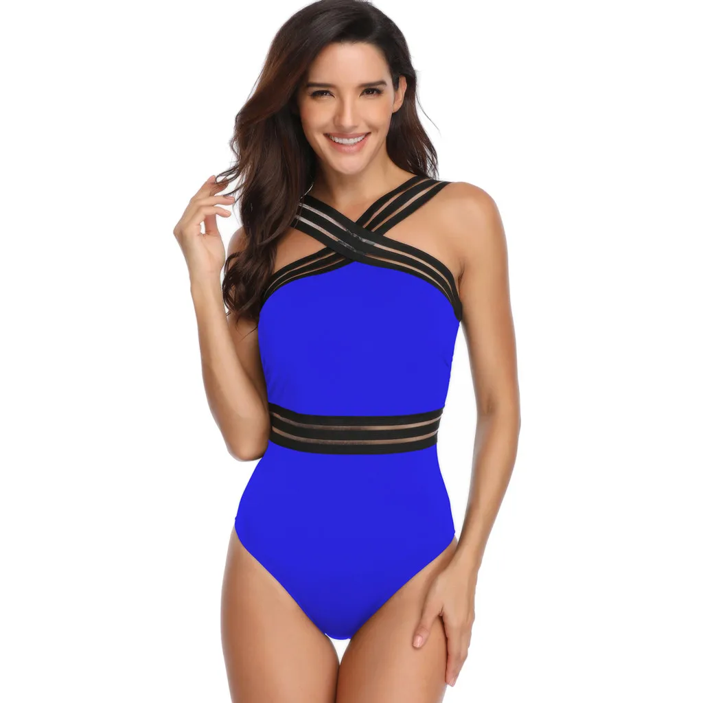 

Women's Padded Sexy Hollow Out Mesh Cross Halter Solid Blue Backless Bikini Halter One Piece Swimwear Summer Bodysuit Beach Wear