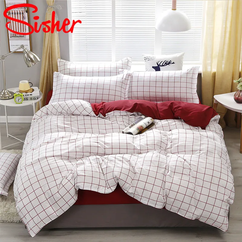 Sisher Modern Duvet Cover Set Adults Plaid Bedding Sets Polyester