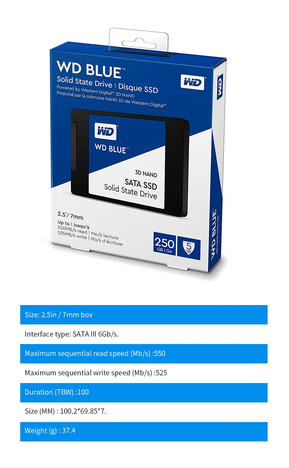 Western Digital Новый WD синий 250 ГБ SSD interne твердотельный диск мажор 250 SATA 6 Гбит/с 2,5 "WDS250G2B0A 3D NAND SATA SSD 250