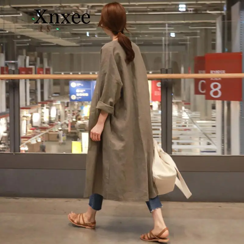 

Xnxee Medium Long Cotton And Linen Sun Protection Clothing Female Autumn Large Size Loose Thin Over Knee Cardigan Trench Coat