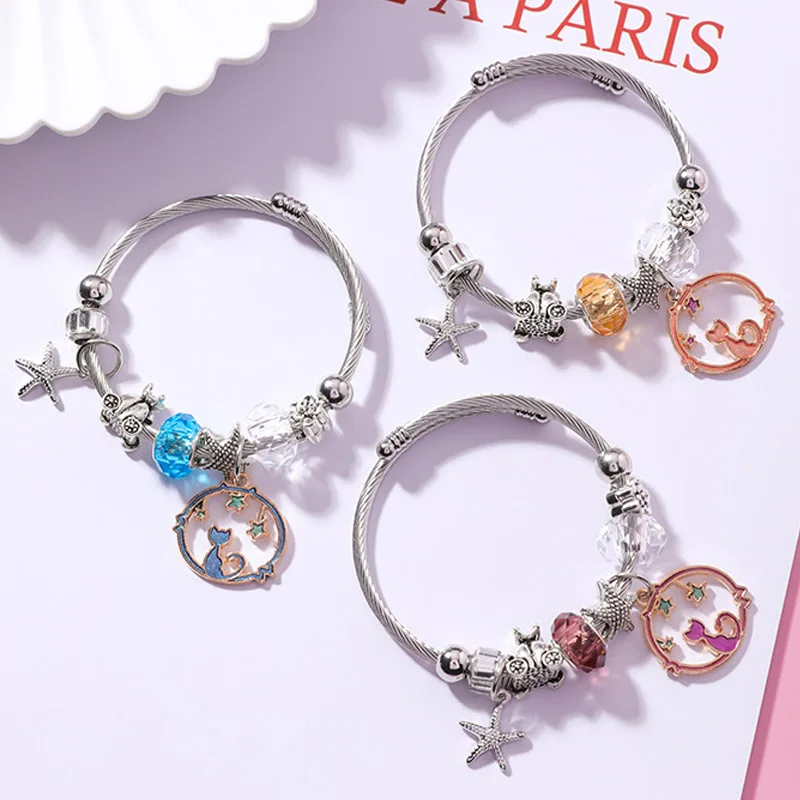 

Vintage Ethnic DIY Starfish Hollow Cat Round Crystal Beads Pendant Open Adjustable Bracelet for Women Beach Holiday Jewelry