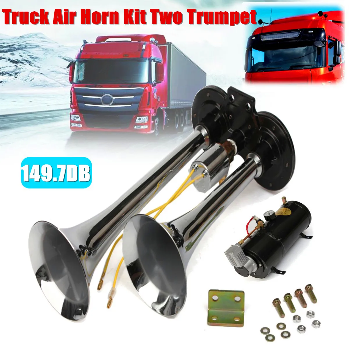 

149.7 DB Truck Air Horn Kit Two Trumpet 110 PSI 12V DC Compressor Pressure Gauge 12ft Tubing