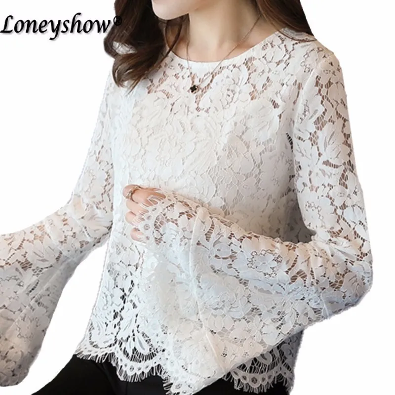 White lace long sleeve tops womens 