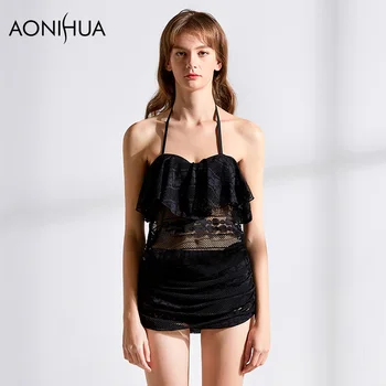 

AONIHUA Bikini Bcrop Top Two Piece Set Solid Color Lace Sexy Bikini Beach Wear Bathing Surfing Sport Swimwear Sexy Swim Suit