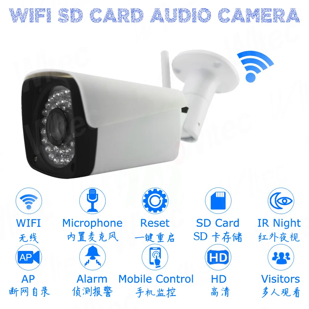 Беспроводная IP камера Аудио сброс 128G SD карта wifi 1080P ИК камера RTSP металлическая наружная пуля ONVIF P2P камера безопасности Сигнализация Движения