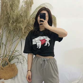 

Summer Casual Tracksuit Two Piece Set Women's Short Sleeve Pig Print Black T-Shirts Tops + Harem Nine Pants Suit Outfits