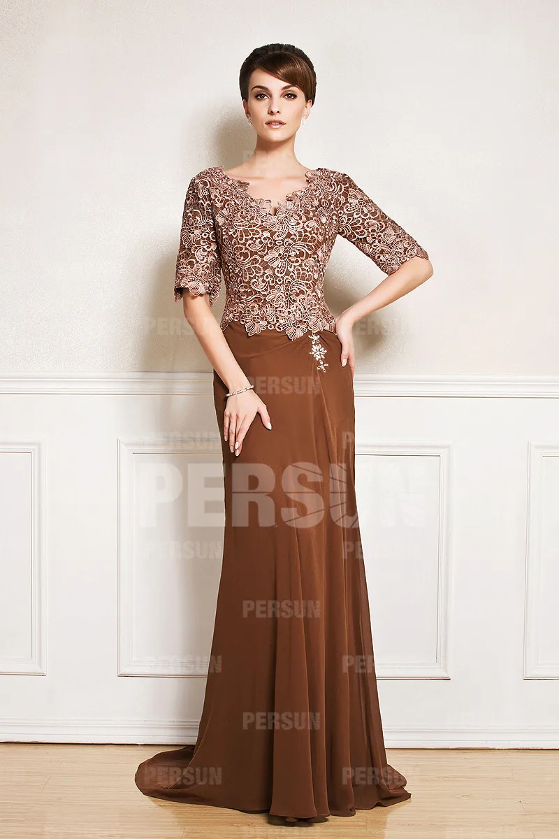 2017 New Half Sleeve V Neck Brown Wedding Guest Dress With Lace 2017 New Half Sleeve V Neck Brown Wedding Guest Dress With Lace Bodice Sweep Train Long Monther Of The Bridesmaid In Mother Bride Dresses
