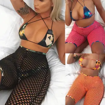 

Womens Lady Sexy Bikinis 3Pcs Sets Bathing Mesh Fish Net Pants Summer Hot Female Monokini Swimwear Swimsuit Beachwear