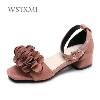 

Summer Girls Sandals for Kids High Heel Princess Dance Shoes Fashion Flowers With Sweet Soft Leather Student Children Sandals