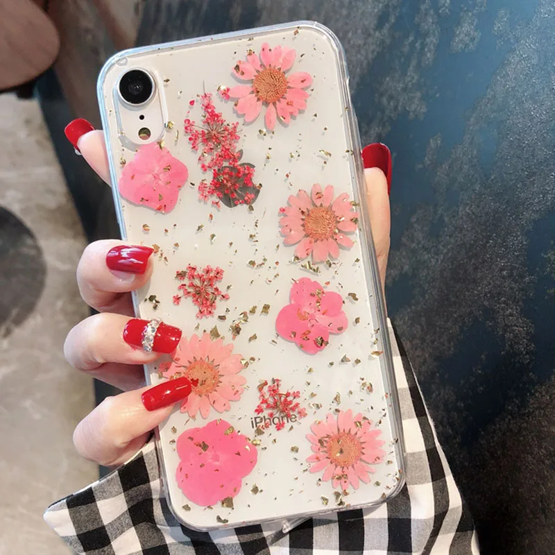

Gold Foil Bling Real Flowers Dried Flower Phone Case For iPhone X 6 6S 7 8 plus Soft TPU Cover For iphone XR XS Max Glitter Case