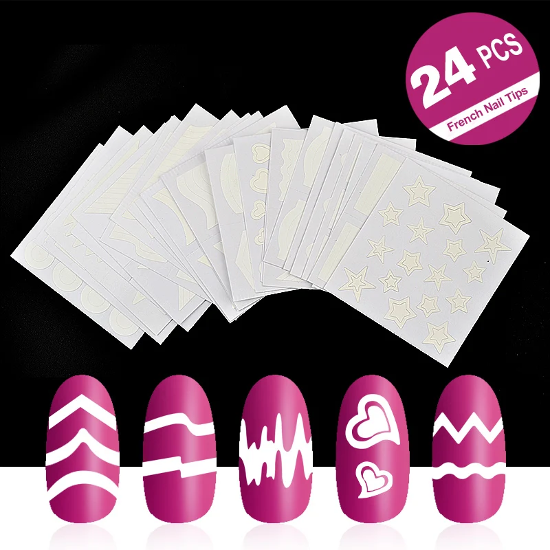 

24pcs/set Nail Art Stickers 3D Manicure Decals Nails Tips From Fringe Guides DIY Sticker Hollow Stencils French Nail Decorations