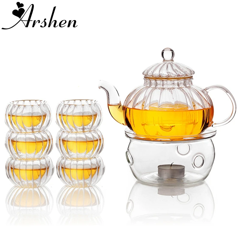 Arshen Pumpkin Shape Teaware Set Heat Resistant Glass 600ML Teapot Set Infuser Teapot with