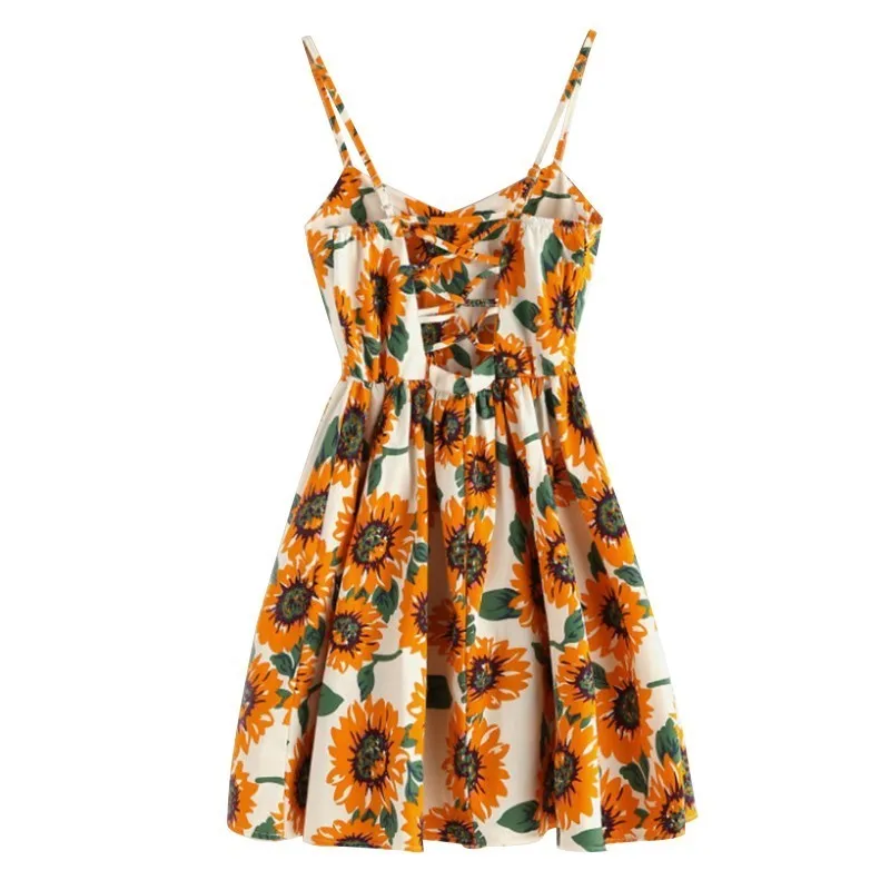 

Women Bathing Suit V Neck Off Shoulder Spaghetti Strap Crisscross Tie Back Sleeveless Sunflower Print A-Line Dress Beach Dress