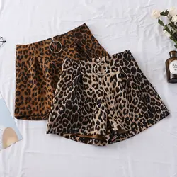 Высокая талия леопардовый принт шорты женские новые корейские повседневные широкие брюки весна осень тонкие замшевые брюки