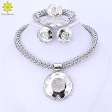 Модные Большой Африканский Свадебный костюм Ювелирные наборы серебро Цвет Большой Кристалл Подвеска Цепочки и ожерелья Серьги Наборы для ухода за кожей для Для женщин