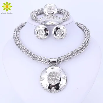 

Fashion New Big African Wedding Bridal Costume Jewelry Sets Silver Color Big Pendant Crystal Necklace Earrings Sets For Women