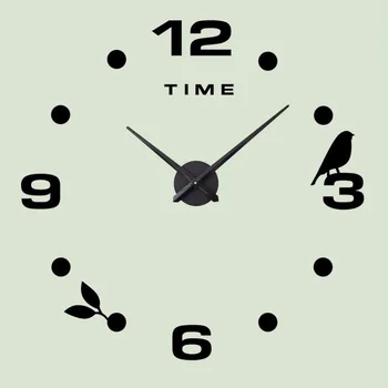 

3D Mirror Surface Numbers Clock Wall Hanging Frameless Leaf Bird Pattern Design Watch Living Room Home Decorations Crafts 1pc