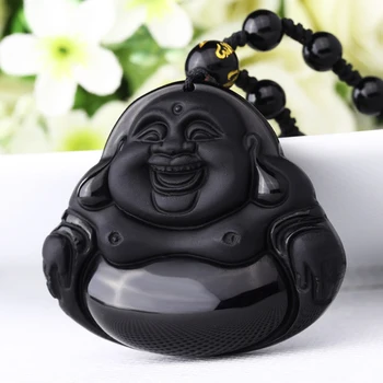 

Drop Shipping Men's Necklace Pendant Natural Obsidian Maitreya Laughing Buddha Gift for Men Women Fine Jades Stone Jewerlry