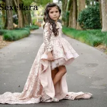 Розовые платья с длинными рукавами и цветочным узором Для Девочек Пышные Платья для девочек с v-образным вырезом, кружевной аппликацией и оборками, Детские платья для выпускного вечера