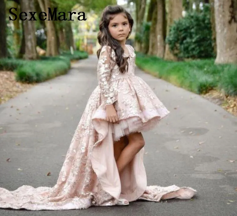 Roze Hoge Lage Lange Mouw Bloem Meisje Jurken V-hals Lace Applique Ruches Meisjes Pageant Jurken Kinderen Kids Prom Party jurken Roze Hoge Lage Lange Mouw Bloem Meisje Jurken V-hals Lace Applique Ruches Meisjes Pageant Jurken Kinderen Kids Prom Party jurken