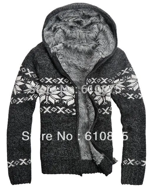 

Men Winter Plus Velvet Jacquard Knitted Outerwear Male Thick Hooded Cardigan Sweater Men Winter Oversized Zip Warm Outerwear