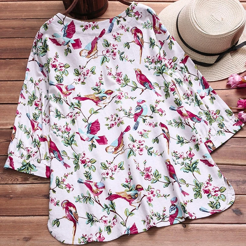 Large size women's shirt cotton and linen printed plus size 5XL 6XL 7XL 8XL 9XL summer round neck long sleeve loose white top