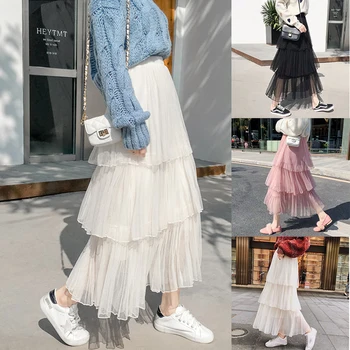 

Half-Length Skirt Fashion Mesh School Work Dress Lightweight Pleated Party Women Medium Length