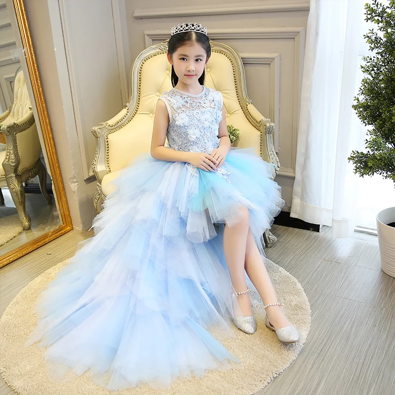 Детское Нарядное вечернее платье с цветочным узором для девочек Бальные платья для выпускного, свадебные платья подружки невесты, детская одежда красивые вечерние платья принцессы синего цвета