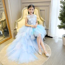Детское Нарядное вечернее платье с цветочным узором для девочек Бальные платья для выпускного, свадебные платья подружки невесты, детская одежда красивые вечерние платья принцессы синего цвета