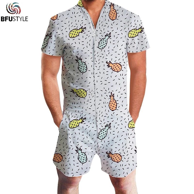 Pineapple Printed Mens Jumpsuit Romper Playsuit Summer Hip Hop 3D Short