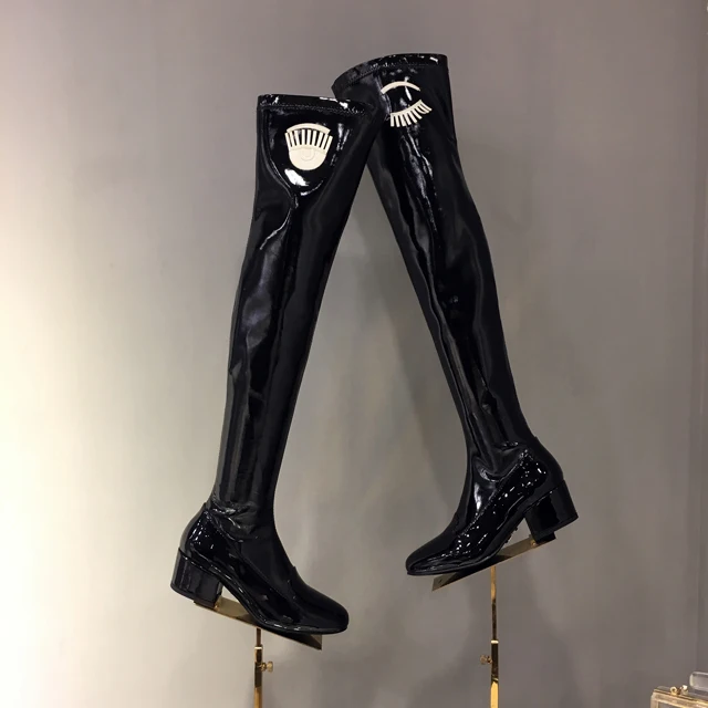 

2019 Brand Chic Patent Leather Women Boots Med Heel Metal Decor Trendy Over Knee Boots Fashion Long Booties Winter Women Shoes