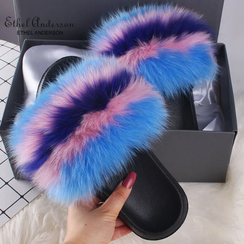 Top Selling Real Fur Slippers Slides Women Summer Plush Fox Flip Flops Holiday Fluffy Raccoon Fur Sandals Shoes