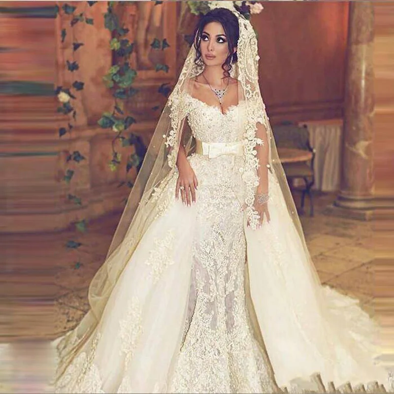 

Vintage Overskirts Wedding Dresses Off Shoulder Sash Mermaid Lace Wedding Dress With Detachable Tulle Count Train Bridal Gowns