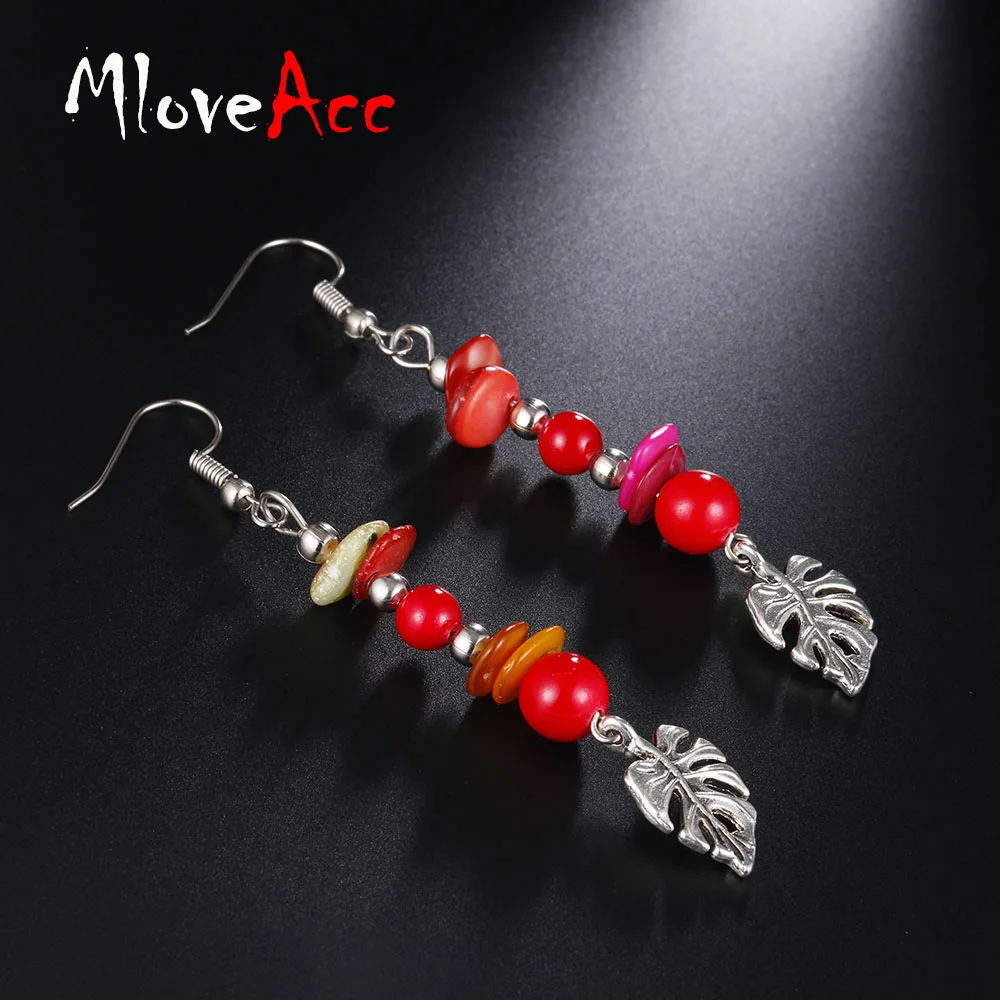 

MloveAcc Ethnic Silver Color Leaf Drop Earrings Bohemian Vintage Red Stone Beads Dangling Earrings Women Pendientes