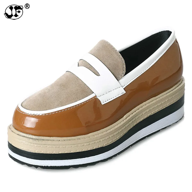 

Leather Footwear Woman Loafer Shoes 2017 Spring New Muffin Bottom Lazy Shoes Mixed Colors Band Round Toe Flat Platform Shoes 445