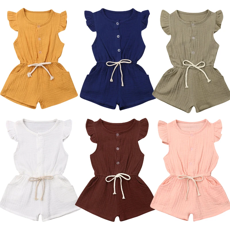 

6M-4Y Infant Kids Baby Girl Fly Sleeve Solid Color Cotton Romper Jumpsuit One Pieces Summer Clothes