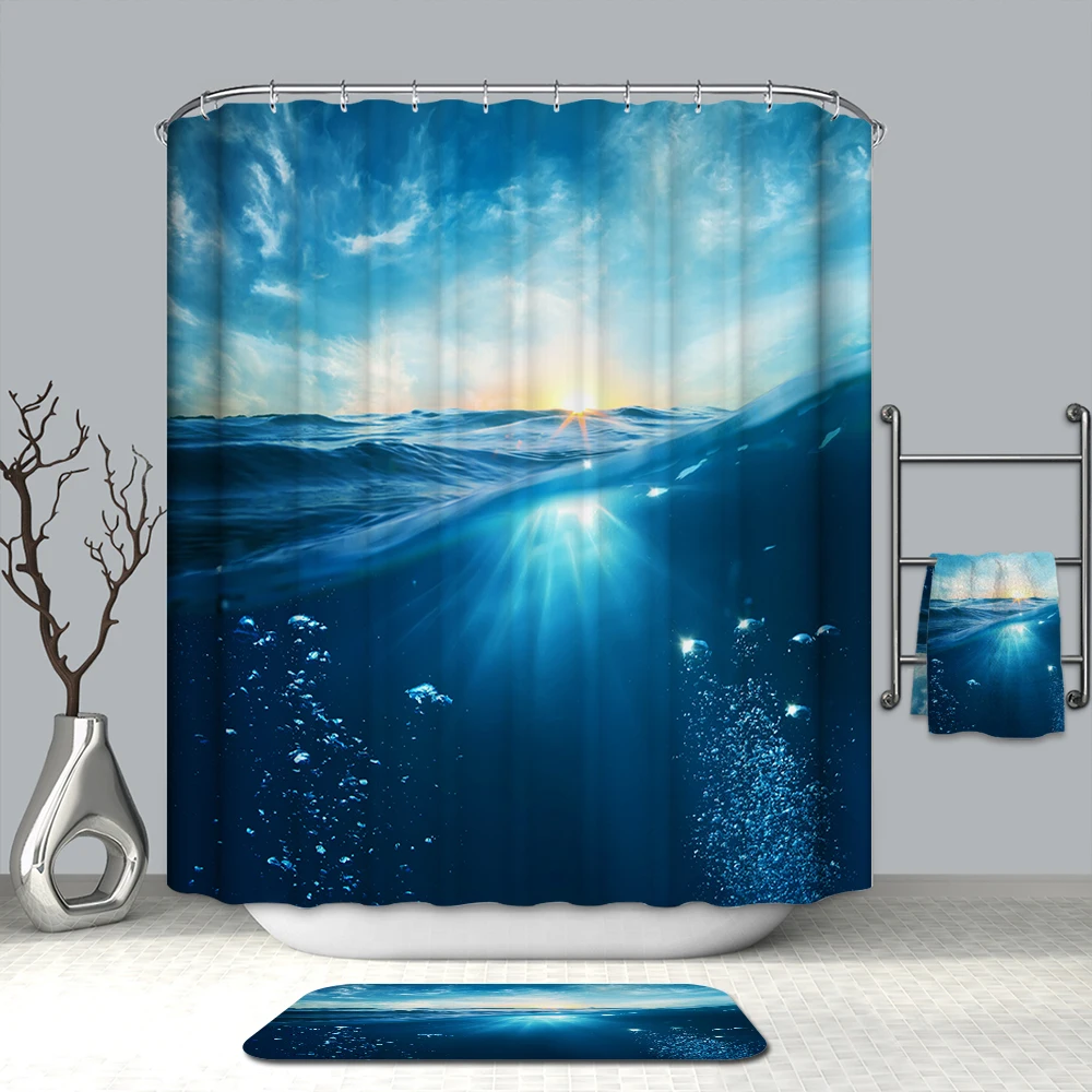Günstig 3D Deep Blue Sea View Dusche Vorhänge die Meer in Sonnenschein Wasserdicht Mehltau Verdickt Bad Vorhänge für Bad