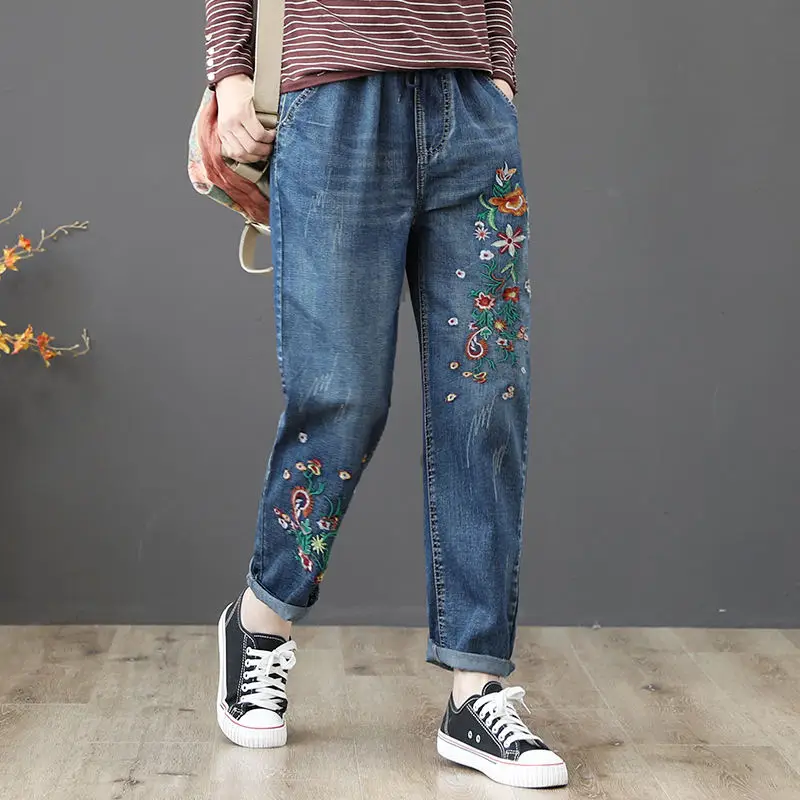 

Vintage High Waist Jeans Women Plus Size 3XL Floral Embroidery Boyfriend Jeans For Women Harem Pants Denim Mom Jeans Mujer Q1301